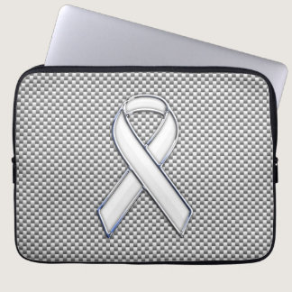 Chrome White Ribbon Awareness Carbon Fiber Print Laptop Sleeve