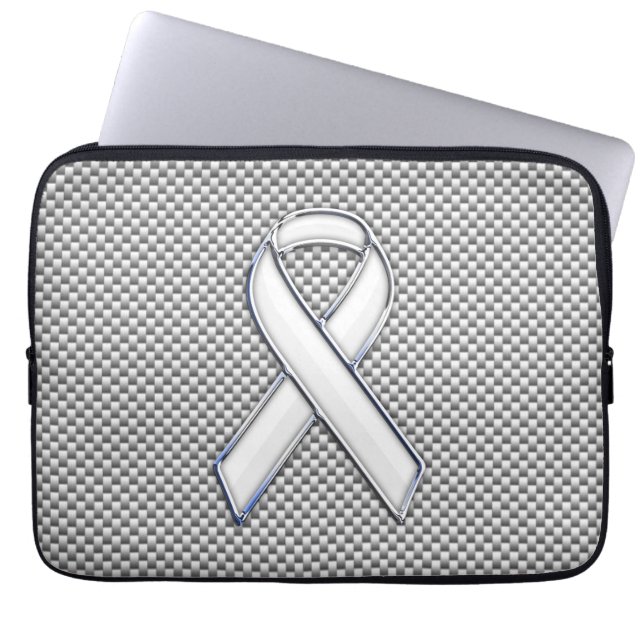 Chrome White Ribbon Awareness Carbon Fiber Print Laptop Sleeve (Front)