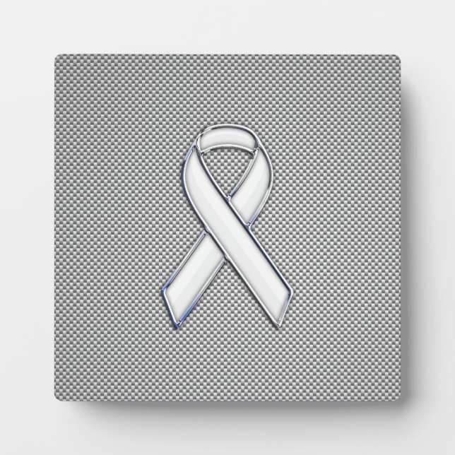 Chrome White Ribbon Awareness Carbon Fiber Print Plaque (Front)