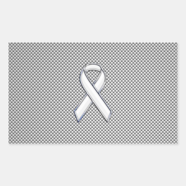 Chrome White Ribbon Awareness Carbon Fiber Print Rectangular Sticker (Front)