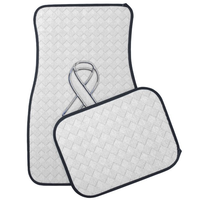 Chrome White Ribbon Awareness on Checkers Car Floor Mat (Set)