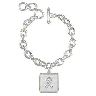 Chrome White Ribbon Awareness on Checkers Charm Bracelet