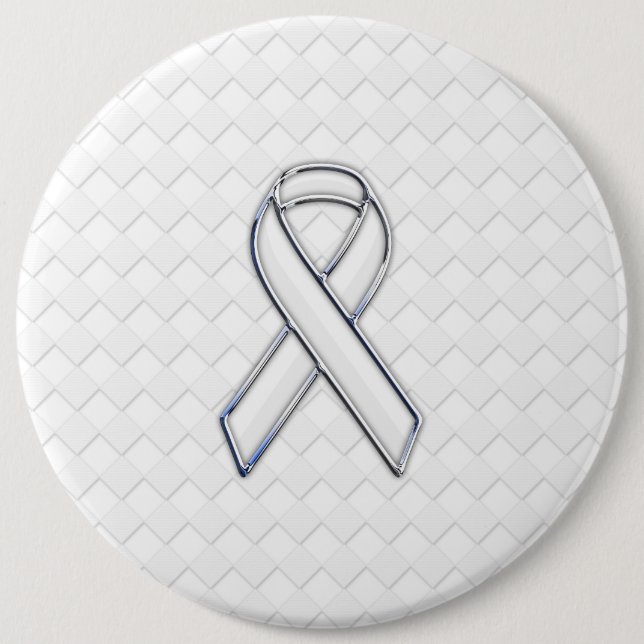 Chrome White Ribbon Awareness on Checkers Pinback Button (Front)