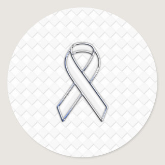 Chrome White Ribbon Awareness on Checkers Print Classic Round Sticker
