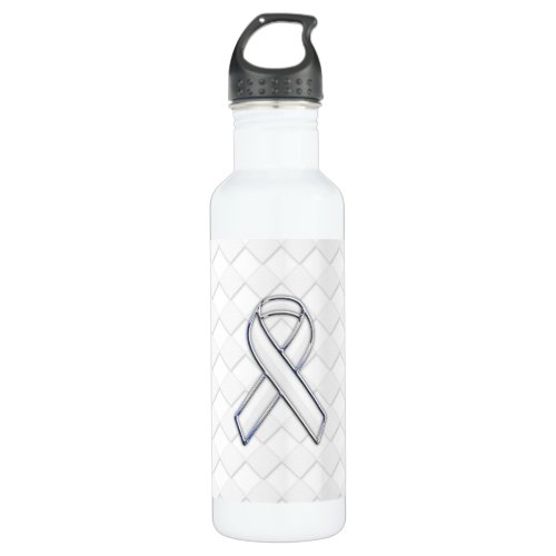 Chrome White Ribbon Awareness on Checkers Print Water Bottle