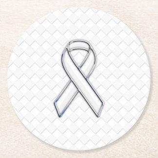Chrome White Ribbon Awareness on Checkers Round Paper Coaster