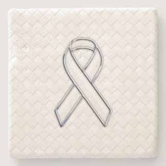 Chrome White Ribbon Awareness on Checkers Stone Coaster