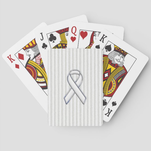 Chrome White Ribbon Awareness on Granular Stripes Poker Cards (Back)