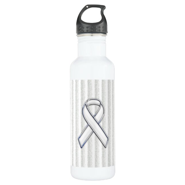 Chrome White Ribbon Awareness on Granular Stripes Water Bottle (Front)