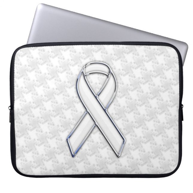 Chrome White Ribbon Awareness on Houndstooth Print Laptop Sleeve (Front)