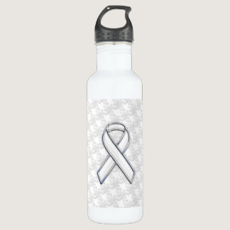 Chrome White Ribbon Awareness on Houndstooth Print Water Bottle
