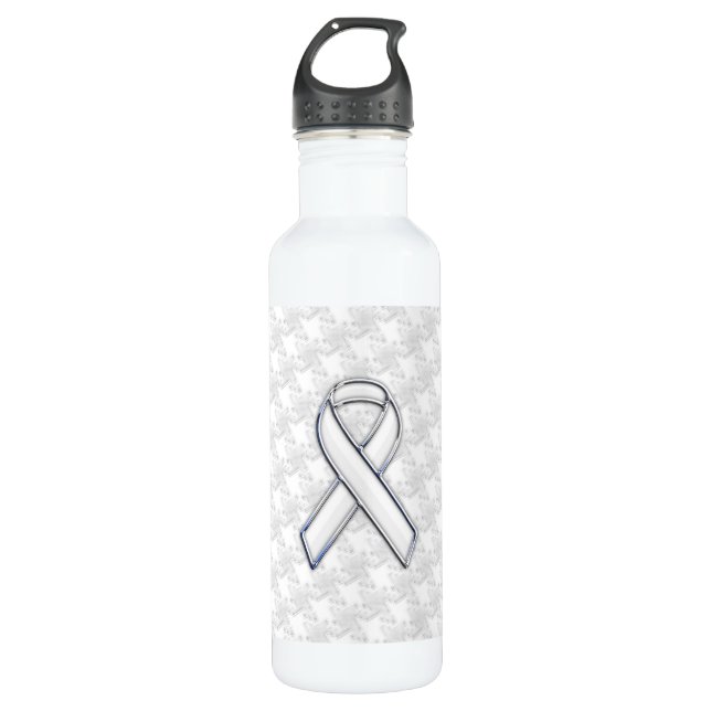 Chrome White Ribbon Awareness on Houndstooth Print Water Bottle (Front)