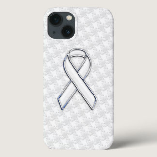 Chrome White Ribbon Awareness on Houndstooth Style iPhone 13 Case