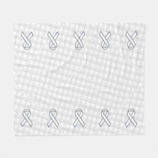 Chrome White Ribbon Awareness on Houndstooth Style Fleece Blanket (Front (Horizontal))