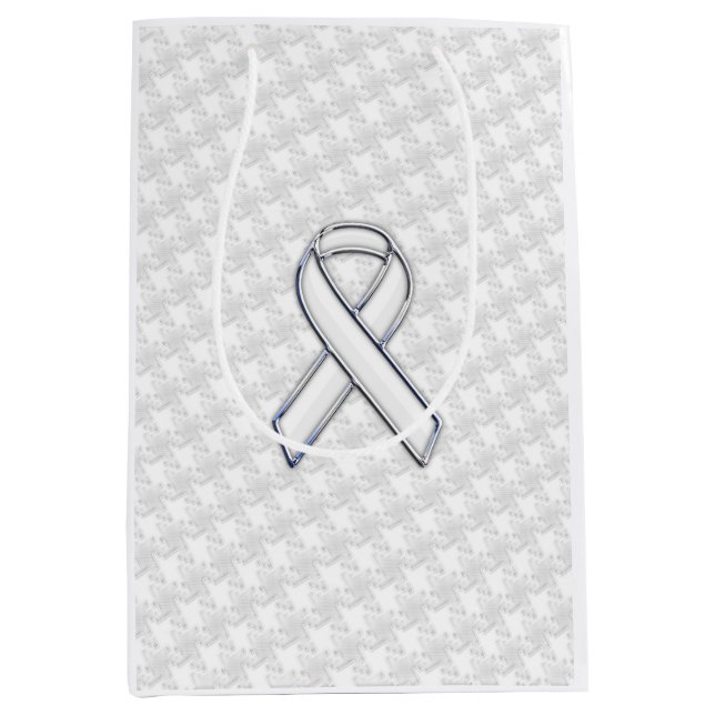Chrome White Ribbon Awareness on Houndstooth Style Medium Gift Bag (Front)