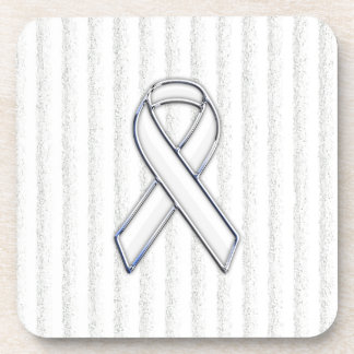 Chrome White Ribbon Awareness on Vertical Stripes Drink Coaster