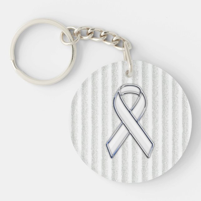 Chrome White Ribbon Awareness on Vertical Stripes Keychain (Front)