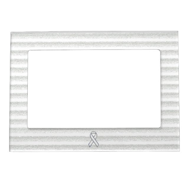 Chrome White Ribbon Awareness on Vertical Stripes Magnetic Frame (Front)