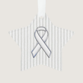 Chrome White Ribbon Awareness on Vertical Stripes Ornament