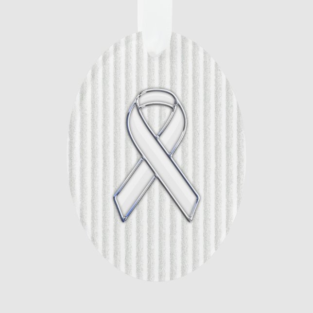 Chrome White Ribbon Awareness on Vertical Stripes Ornament (Front)