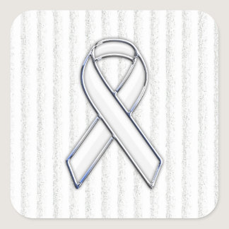 Chrome White Ribbon Awareness on Vertical Stripes Square Sticker