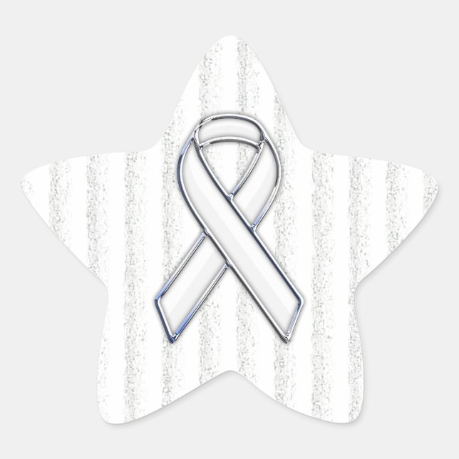Chrome White Ribbon Awareness on Vertical Stripes Star Sticker (Front)