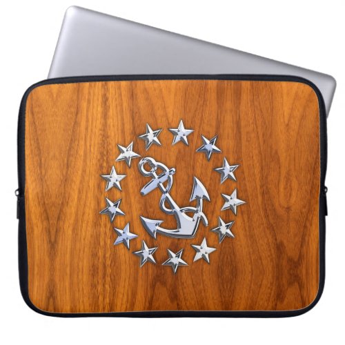 Chrome Yacht Flag on Nautical Teak Wood Print Laptop Sleeve