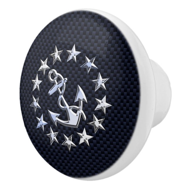 Chrome Yacht Flag on Navy Carbon Fiber Print Ceramic Knob (Right)
