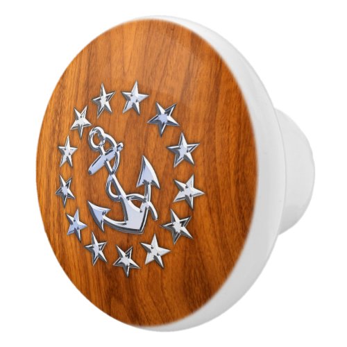 Chrome Yacht Flag on Teak Wood Grain Print Ceramic Knob