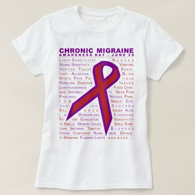 Chronic Migraine Aware - Symptoms & Ribbon w/Lines T-Shirt (Design Front)