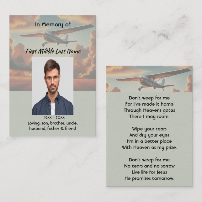 Chrstian Memorial Keepsakes Pilot Airplane Sunset Business Card (Front/Back)