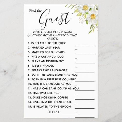 Chrysanthem Find the Guest Bridal shower game card Flyer