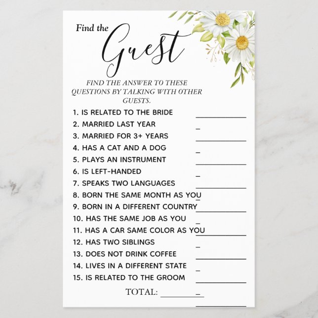 Chrysanthem Find the Guest Bridal shower game card Flyer (Front)