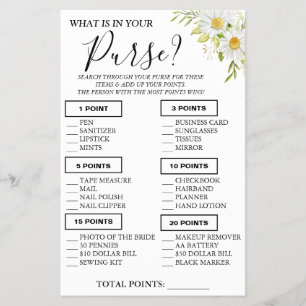Chrysanthem What is in your purse Shower game card Flyer