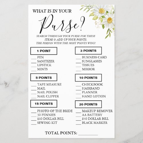 Chrysanthem What is in your purse Shower game card Flyer