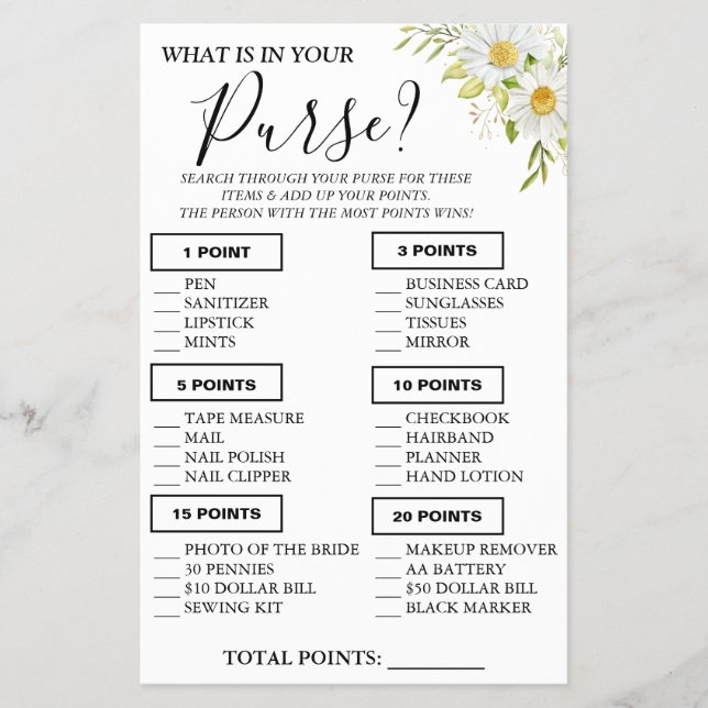 Chrysanthem What is in your purse Shower game card Flyer (Front)
