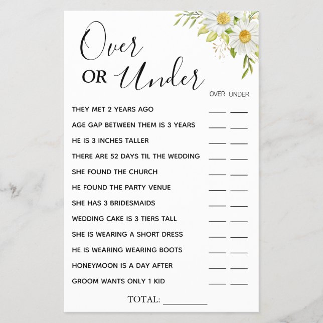 Chrysanthemu Over or Under Bridal shower game card Flyer (Front)