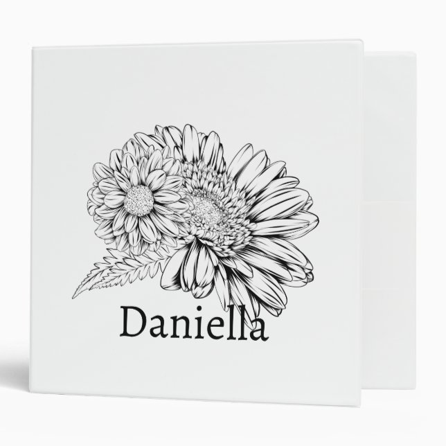 Chrysanthemum Black Line Drawing with Your Name  3 Ring Binder (Front/Inside)