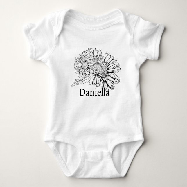 Chrysanthemum Black Line Drawing with Your Name  Baby Bodysuit (Front)