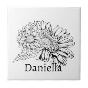 Chrysanthemum Black Line Drawing with Your Name  Ceramic Tile