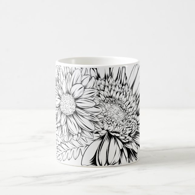Chrysanthemum Black Line Drawing with Your Name  Coffee Mug (Center)