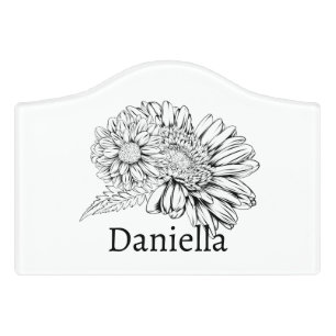 Chrysanthemum Black Line Drawing with Your Name Door Sign