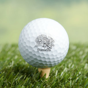 Chrysanthemum Black Line Drawing with Your Name Golf Balls