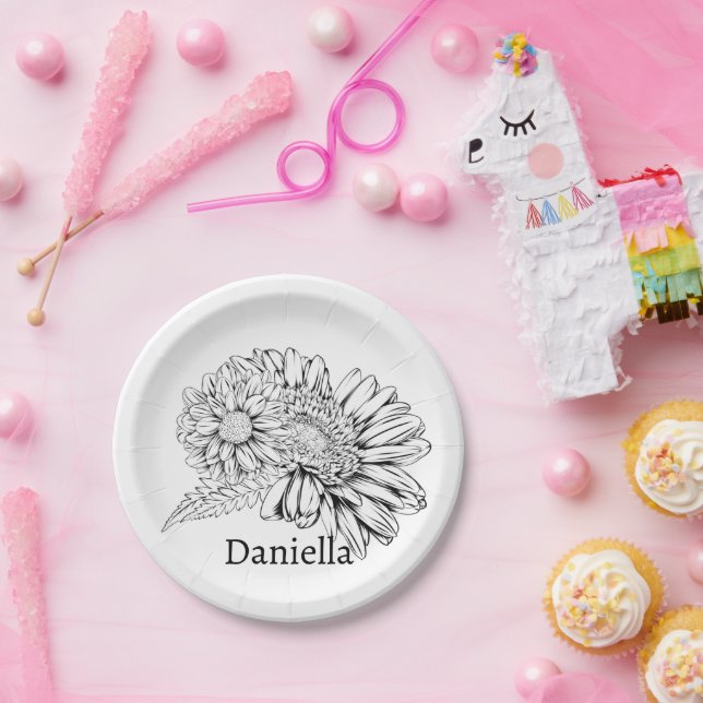 Chrysanthemum Black Line Drawing with Your Name  Paper Plates (Party)