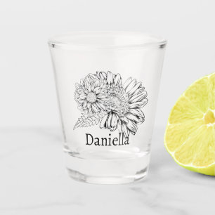 Chrysanthemum Black Line Drawing with Your Name  Shot Glass
