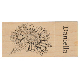 Chrysanthemum Black Line Drawing with Your Name  Wood Flash Drive