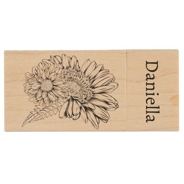 Chrysanthemum Black Line Drawing with Your Name  Wood Flash Drive (Front)