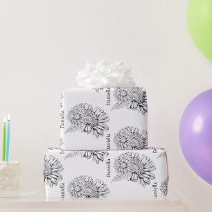Chrysanthemum Black Line Drawing with Your Name  Wrapping Paper