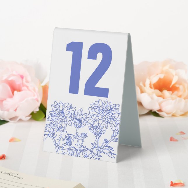Chrysanthemum blue white wedding table number tent (In SItu (Wedding))