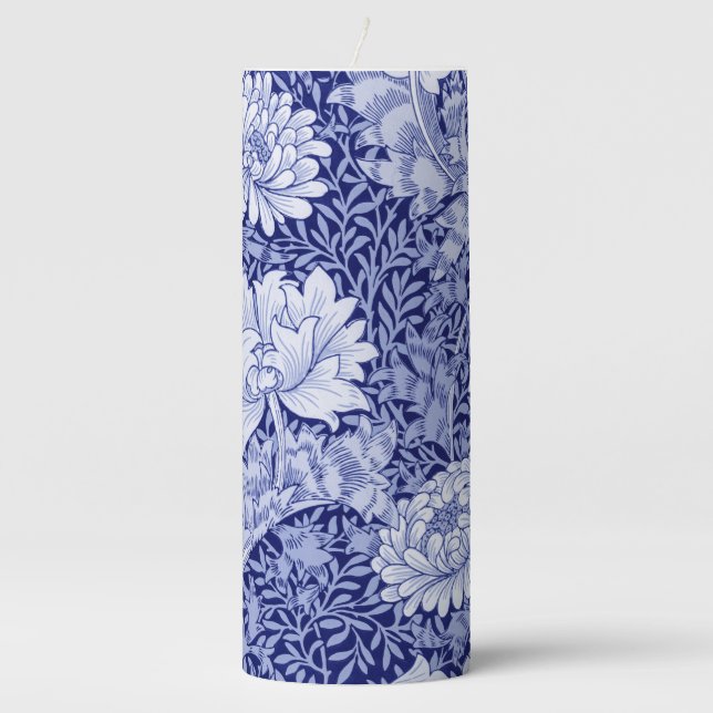Chrysanthemum Blue, William Morris Pillar Candle (Front)